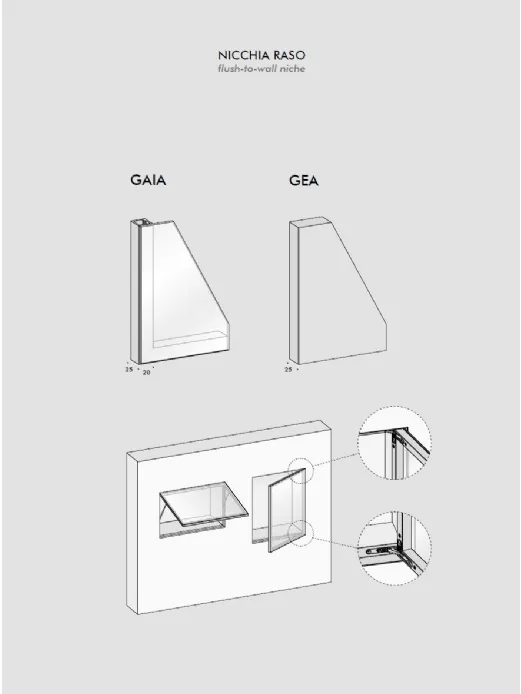 Le composizioni di Nicchie Filo Muro modello Gaia offrono la possibilità di personalizzare gli ambienti con un tocco di stile moderno e di qualità.